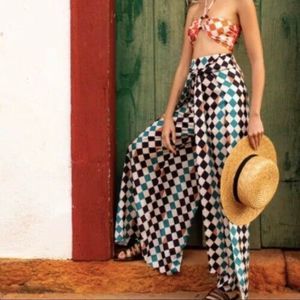 PatBo Check Print Tie Waist Wide-Leg Pants